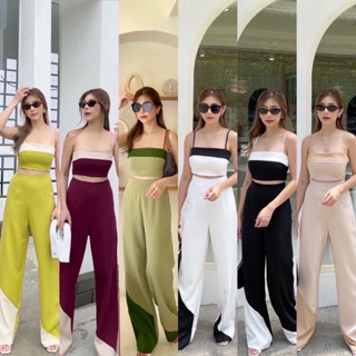 พร้อมส่ง❤️‍🔥 ต้อนรับหน้าร้อน 2 tone set🤍❤️set ทูโทนสีแดงไวน์  มา ผ้าเกรดดี เซทกางเกงขายาว