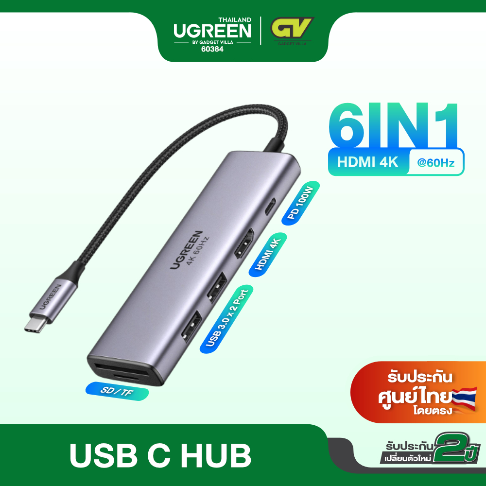 Ugreen รุ่น 60384 6 in 1 USB C HUB with HDMI 4K 60Hz, USB3.0 Data Speed 5Gbps x 2port, TF/SD Card Reader, 100W PD สำหรั