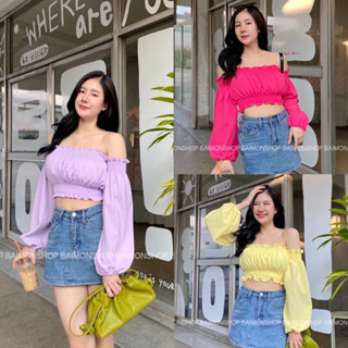 💫🌷เสื้อครอปสม็อคปาดไหล่เเขนยาว มี 8 สี🛒🧸