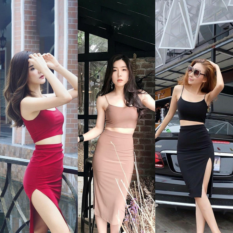 🌈SpinnyHouse🌈 ชุดเซ็ต 2ชิ้น เสื้อสายเดี่ยว + กระโปรง ผ่าข้างผ้าหนามาก เสื้อสายเดี่ยว  😍รุ่น นางเอก คู่เดี่ยว P201A