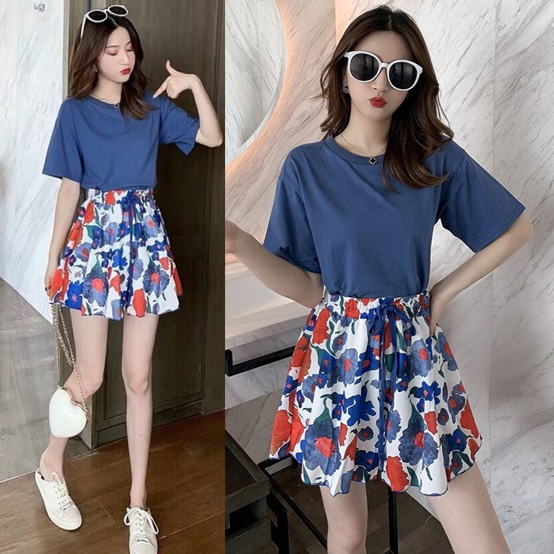 Set_bp1788 ชุดเซ็ท 2 ชิ้น(เสื้อ+กางเกง) เสื้อยืดแขนสั้นสีฟ้าครามผ้าคอตตอนเนื้อนุ่มยืดหยุ่นสูง+กางเกง