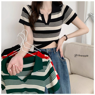 เสื้อไหมพรมแขนสั้น เสื้อโปโล ลายทาง Striped short-sleeved polo knitwear 1241