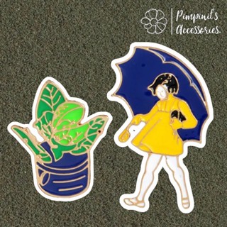 🇹🇭 พร้อมส่ง : 👩🏼⛱🌲 เข็มกลัดเซ็ทเด็กผู้หญิงถือร่มและกระถางต้นไม้ | Umbrella Girl &amp; Flowerpot Enamel Brooch Pin Set.