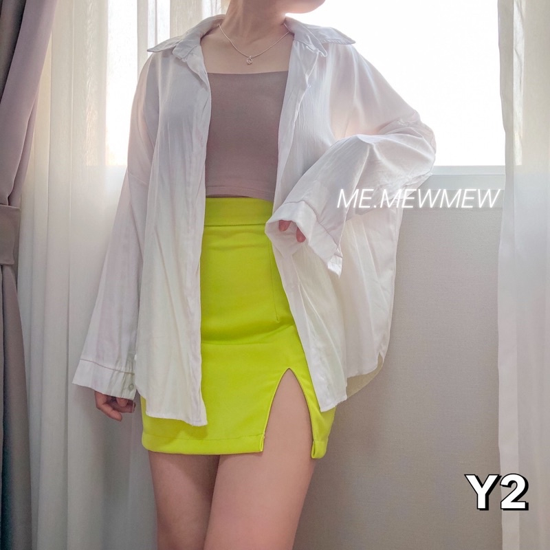 กระโปรงเอวสูง ผ่าหน้า สี💚💚 Lemon - เขียวเลม่อน💚💚 ทรงเอ แหวกข้าง [ไซส์เล็ก-ใหญ่] กระโปรงทรงเอ กระโปรงเว้าขา