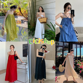 Cicishop(C3062)ชุดเดรสยาวสายเดี่ยว ทรงปล่อยพร้อมสายคล้องคอ(ถอดได้)ฟริ้วๆงานทะเลต้องมา