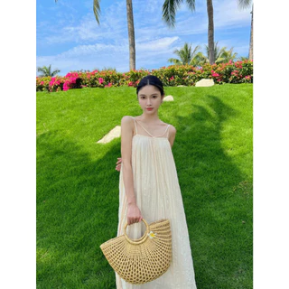 Cicishop(C3062)ชุดเดรสยาวสายเดี่ยว ทรงปล่อยพร้อมสายคล้องคอ(ถอดได้)ฟริ้วๆงานทะเลต้องมา