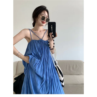 Cicishop(C3062)ชุดเดรสยาวสายเดี่ยว ทรงปล่อยพร้อมสายคล้องคอ(ถอดได้)ฟริ้วๆงานทะเลต้องมา