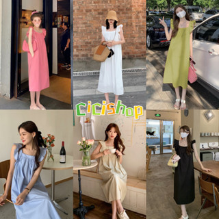 Cicishop(C3072)ชุดเดรสยาวคอเหลี่ยมแขนกุดแต่งแขนระบายสไตล์minimalน่ารักโคเรียสุดๆ