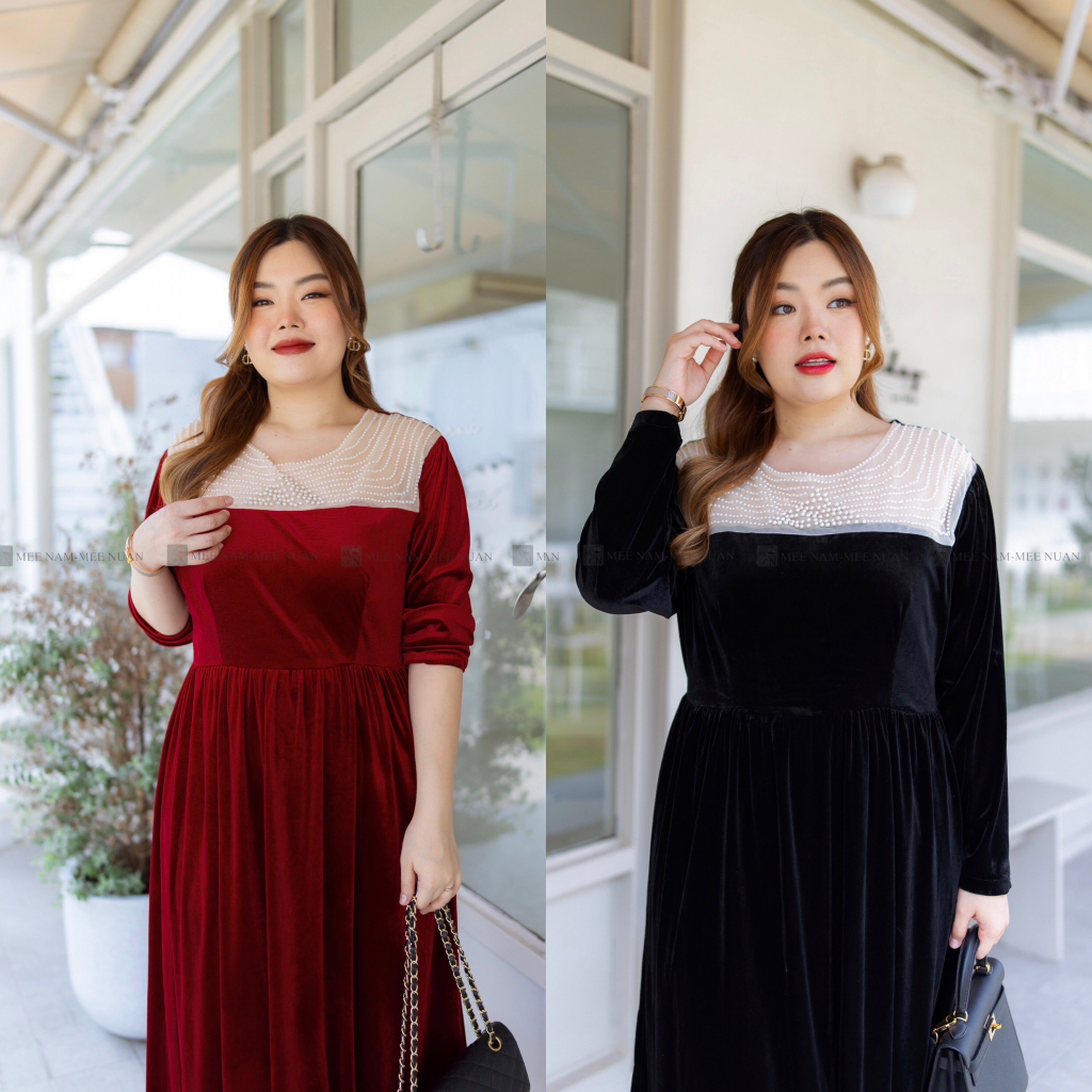 DR187 เดรสกำมะหยี่ลูกปัดมุก พลัสไซส์ Plussize fashion ชุดคนอ้วน แฟชั่นสาวอวบ