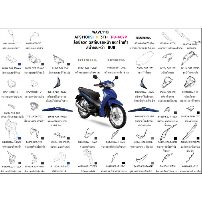 ชุดสี wave110i 2022-2023 สีน้ำเงิน-ดำ ล้อซี่ ขายแยกชิ้น เลือกในตัวเลือก อะไหล่ honda แท้ 100%