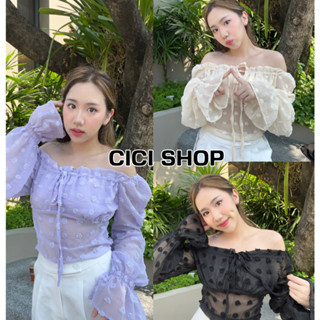 Cicishop(Y18)เสื้อครอปชีฟองแขนยาว ปักลูกไม้ ใส่แล้วดูน่ารักมากๆ จับแมทช์ได้ง่าย