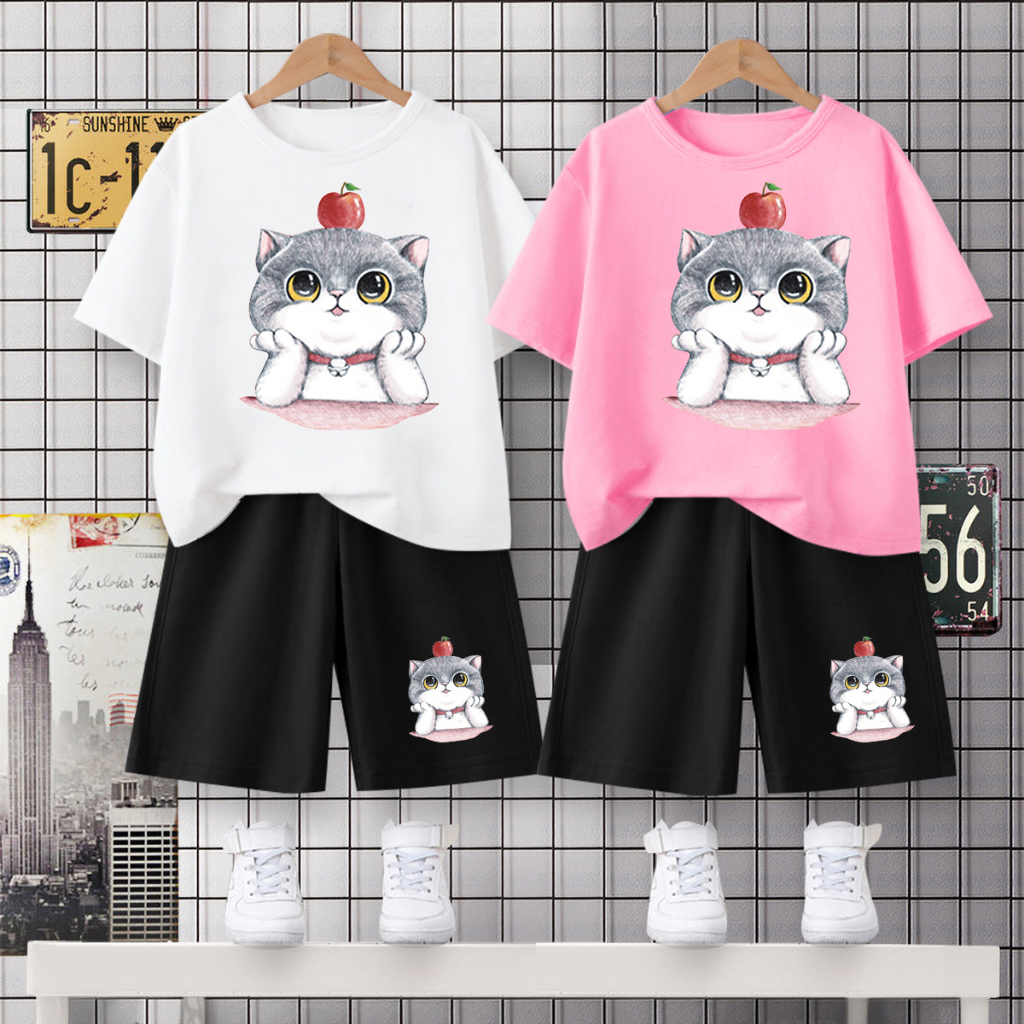 BH05+F05Bสิงค้าขายดี ชุดเซ็ทเด็กชายและเด็กหญิงแฟชั่ง มี2ชิ้นเสื้อยืด+กางเกงขาสั้น มี7สีหลายไซส์เลือกได้