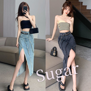 Sugar 🌈พร้อมส่ง🌈กระโปรงยีนส์ยาว ดีเทลขนเฉียง ผ่าหน้า สวยเก๋(1625)