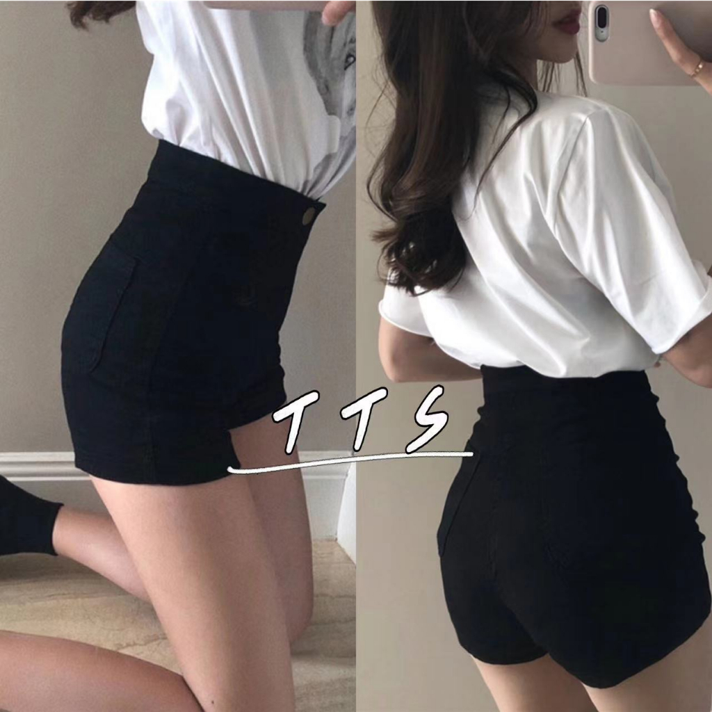 TTSพร้อมส่ง กางเกงขาสั้นผ้ายีนส์ยืดรัดรูปเกาหลีใหม่ล่าสุดแฟชั่นสลิมยีนส์ขาสั้นเอวสูงสีดำ