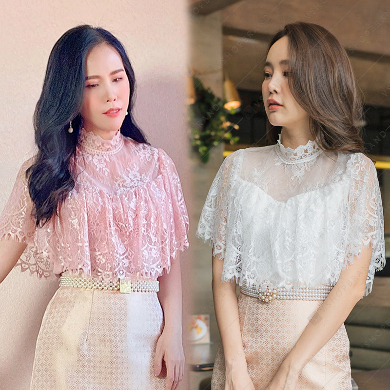 เสื้อชุดไทย เสื้อใส่ทำบุญ เสื้อลูกไม้สีขาว สีชมพู