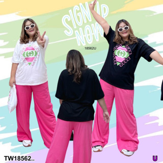 TW18562 set 2 ชิ้น bigsize เสื้อยืดคอกลม สกรีนลาย + กางเกงขายาว