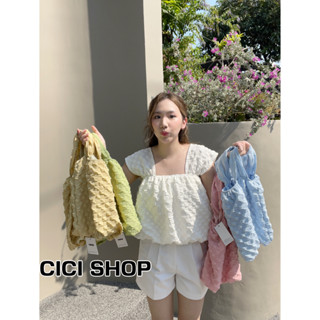 Cicishop(NEW-Y08)เสื้อครอปPopcornสีพื้น สม็อคช่วงอก เนื้อผ้าเบาบางใส่แล้วสบาย