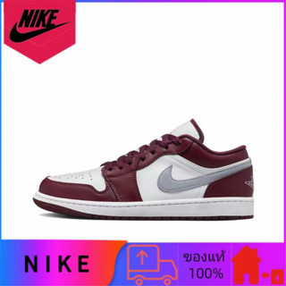 ของแท้ 100% Jordan Air Jordan 1 low "bordeaux" รองเท้าผ้าใบลำลองพื้นต่ำกันลื่นสีแดงสีขาวสีเทา