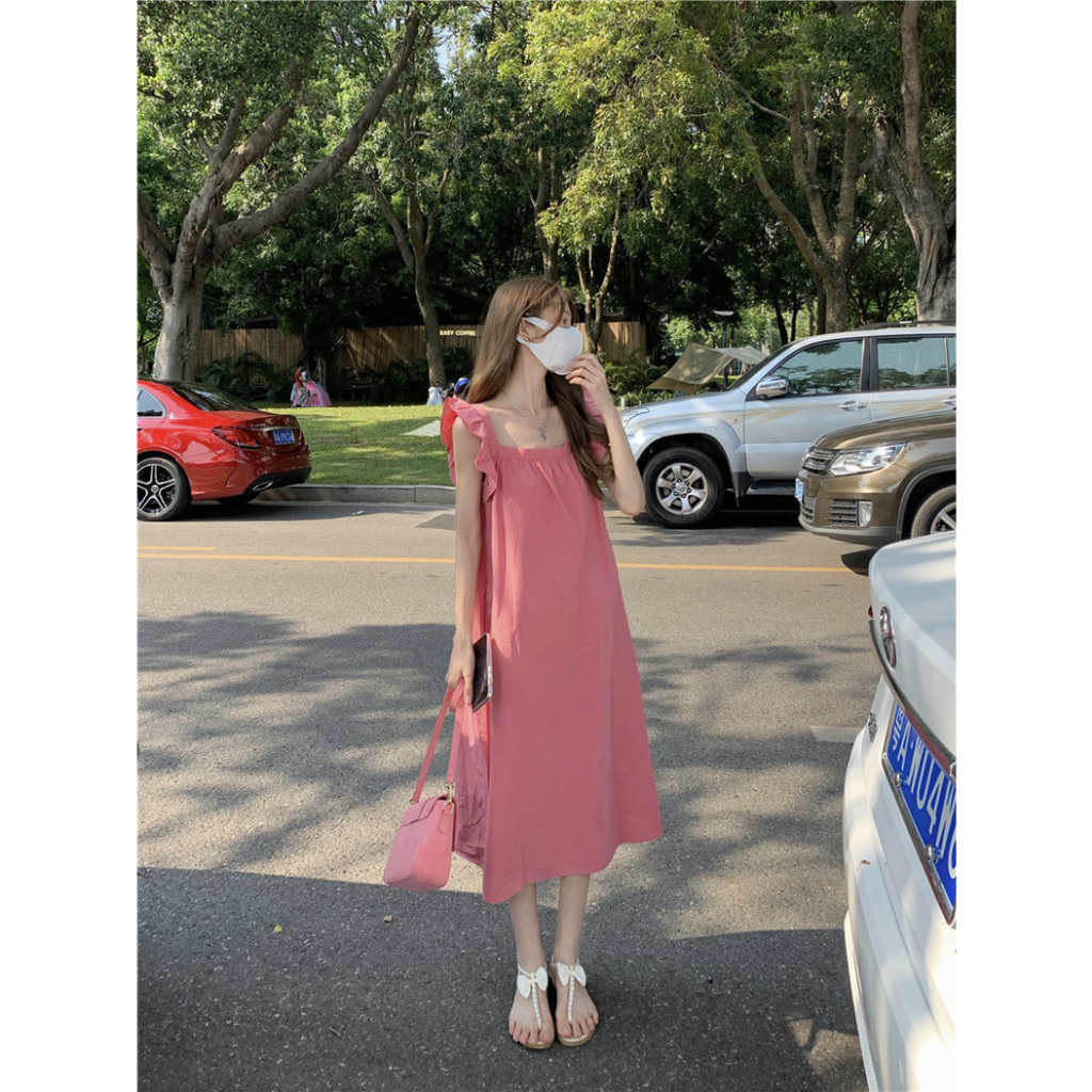 ส่งทันที Cici(NO. C3072)ชุดเดรสยาวคอเหลี่ยมแขนกุดแต่งแขนระบายสไตล์minimalน่ารักโคเรียสุดๆ