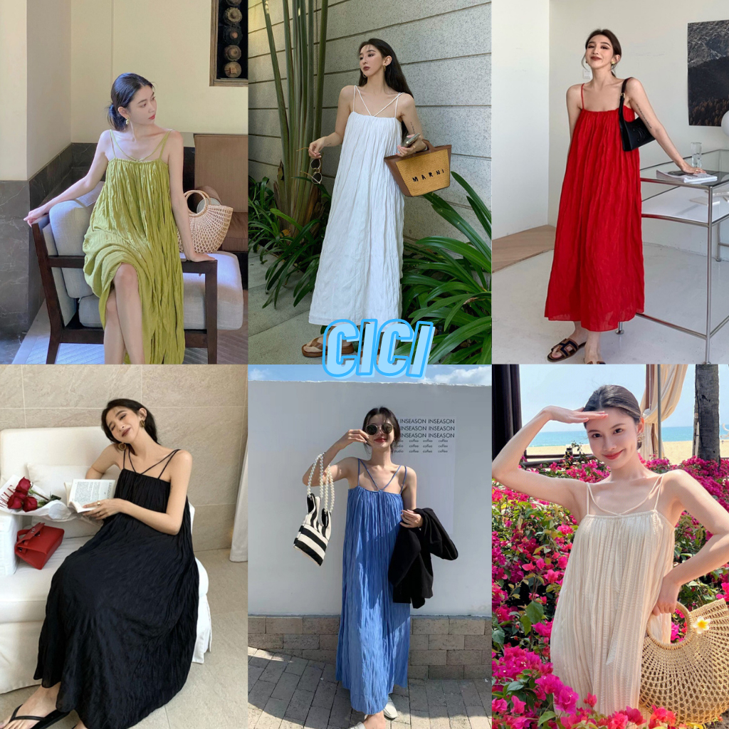 ส่งทันที Cici(NO. C3062)ชุดเดรสยาวสายเดี่ยว ทรงปล่อยพร้อมสายคล้องคอ(ถอดได้)ฟริ้วๆงานทะเลต้องมา