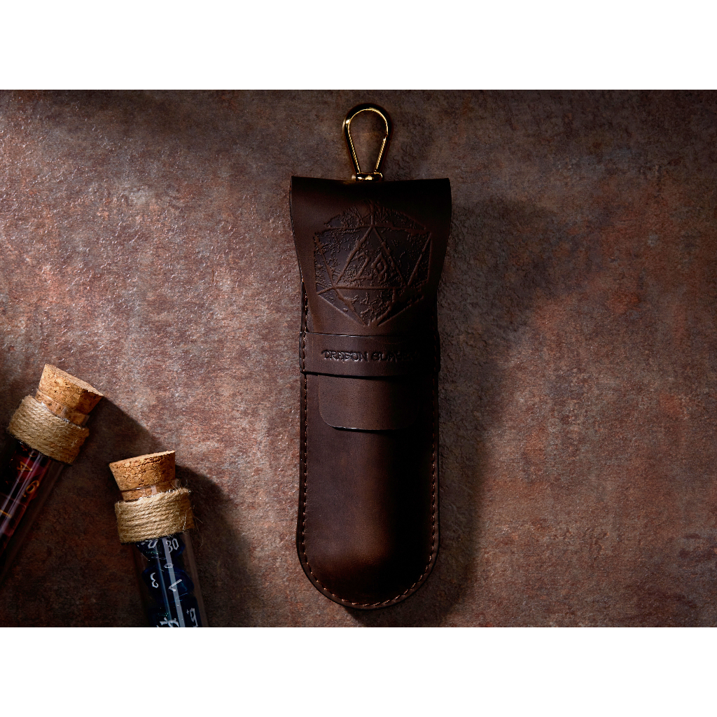 Antique D20 RPG Single Potion Bag | Small Dice Bag | Brown Leather Bag With Dice Potion Flask Set | 