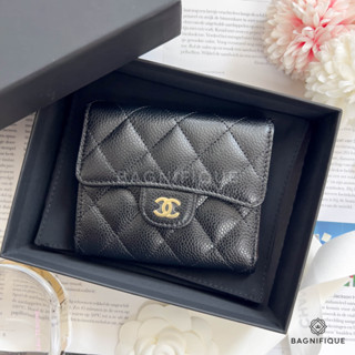 NEW CHANEL TRI FOLD WALLET SHORT BLACK CAVIAR GHW