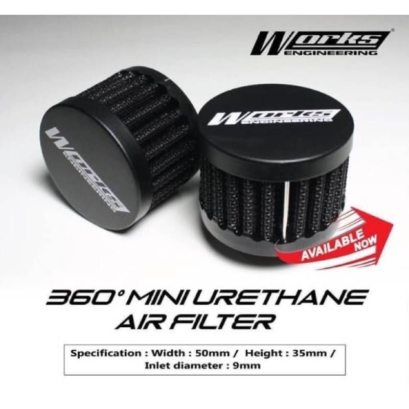 Works engineering Air filter mini 360 กรองจิ๋ว กรองไอน้ำมันเครื่องฝาวาวล์ ฝาปิดอลูมิเนียมสีดำ เนื้อผ้าถอด กรองล้างได้