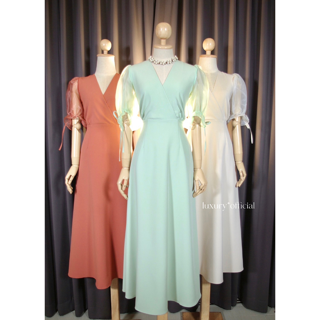 [LUXURY707] FN8113: ชุดไปงานแต่ง maxi คอวี แขนตุ๊กตาผ้าแก้ว