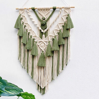 Macrame เชือกถัก สีเขียว แต่งห้อง มาคราเม่ ที่แขวนผนังสไตล์โบฮีเมียน มาคราเม่ตกแต่งห้อง Macrameติดผนัง