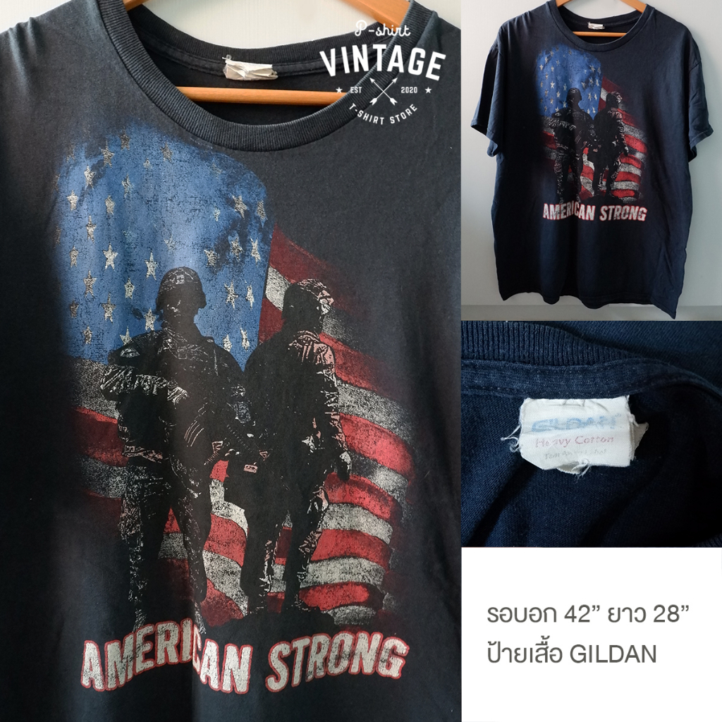 pshirtvingtage เสื้อยืดวินเทจ เสื้อยืดมือสอง T-Shirt Vingtage ลายกราฟิก ทหาร American Strong USA