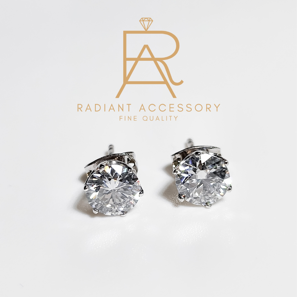ต่างหูเงินแท้ ชุบทองคำขาว ฝัง Moissanite Diamond 2 กะรัต มีใบเซอร์