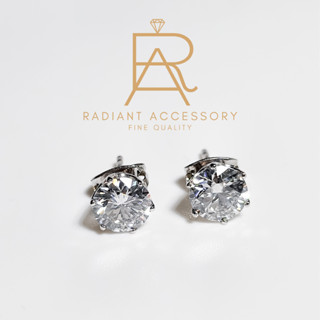 ต่างหูเงินแท้ ชุบทองคำขาว ฝัง Moissanite Diamond 2 กะรัต มีใบเซอร์