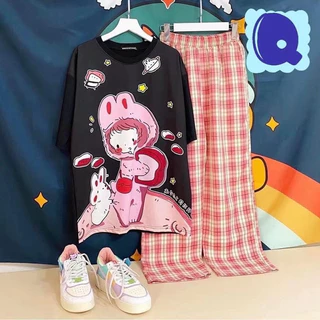 SGH0138 เซทเสื้อยืดคอกลม+กางเกงลายสก็อต ลาย น่ารักๆ เสื้อทรงโอเวอร์ไซส์ ผ้าคอตตอน เนื้อผ้านิ่ม ใส่สบาย