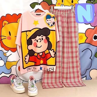 SGH0138 เซทเสื้อยืดคอกลม+กางเกงลายสก็อต ลาย น่ารักๆ เสื้อทรงโอเวอร์ไซส์ ผ้าคอตตอน เนื้อผ้านิ่ม ใส่สบาย