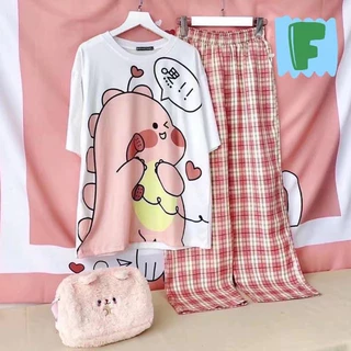 SGH0138 เซทเสื้อยืดคอกลม+กางเกงลายสก็อต ลาย น่ารักๆ เสื้อทรงโอเวอร์ไซส์ ผ้าคอตตอน เนื้อผ้านิ่ม ใส่สบาย