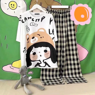 SGH0138 เซทเสื้อยืดคอกลม+กางเกงลายสก็อต ลาย น่ารักๆ เสื้อทรงโอเวอร์ไซส์ ผ้าคอตตอน เนื้อผ้านิ่ม ใส่สบาย