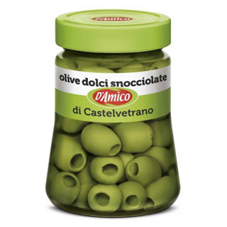 D’Amico olives dolci snocciolate di castlevetrano มะกอกเขียวไร้เมล็ดดองในน้ำเกลือนำเข้าจากอิตาลี🇮🇹 290กรัม