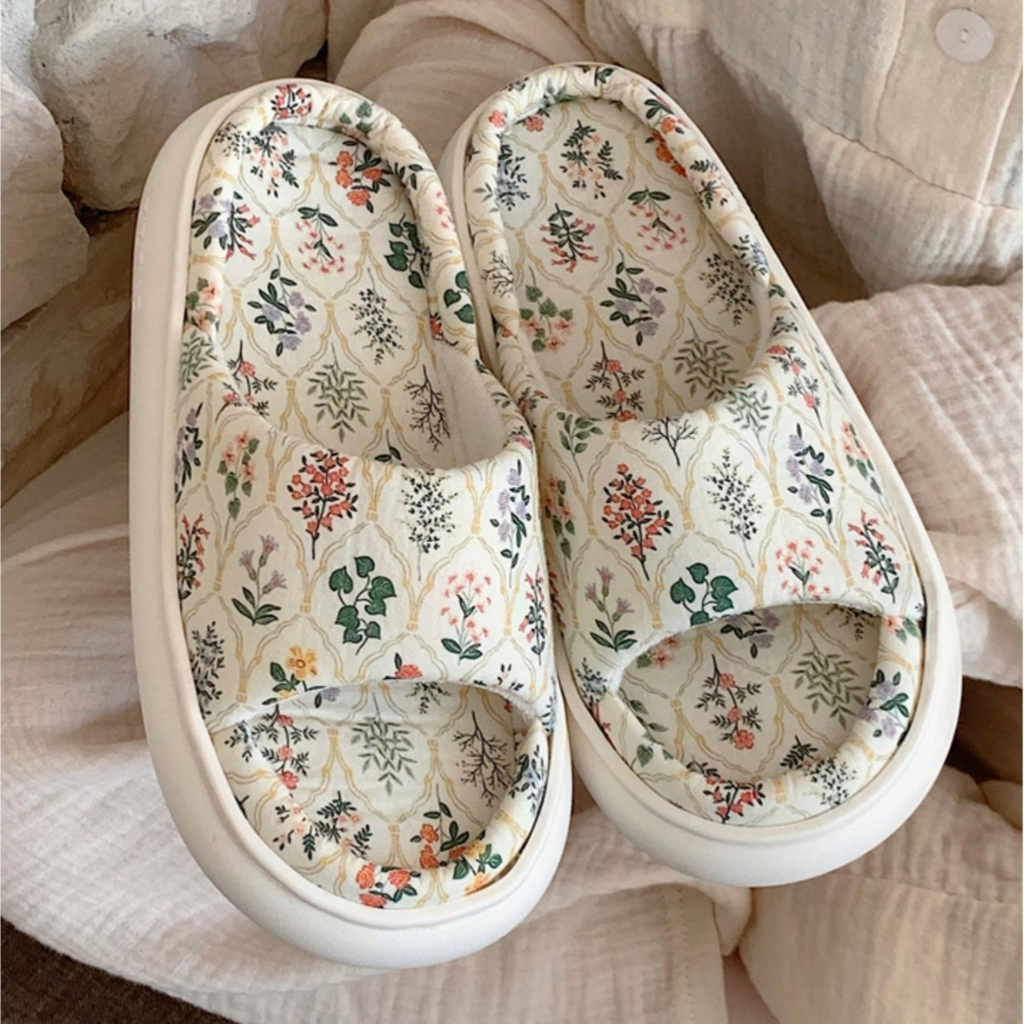 ส่งจากไทย  รองเท้า Vintage Flower ลายดอกไม้วินเทจ Slipper สลิปเปอร์นุ่มนิ่ม