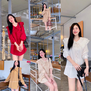 มินิเดรสคอปกผูกโบว์ ⛅️ ผ้าแดบบี้ใส่สบายเนื้อผ้าไม่บาง เพิ่มดีเทลแขนพอง 🫶🏻 น่ารักมาก
