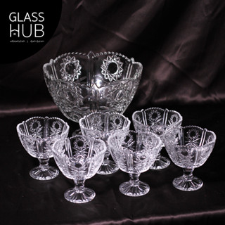 GLASS HUB (AMORN ) PUNCH SET 130-B7-  (เซตพานใหญ่-พานเล็ก)พานแก้วลายคริสตัล  ดีไซน์สวยหรู  แฮนด์เมด