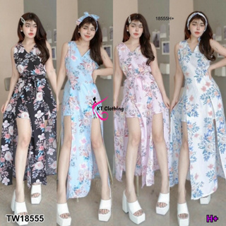 TT18555 Jumpsuit พิมพ์ลายดอกไม้ คลุมกระโปรงเหมือนเดรส ผ่าหน้า + สายผูก	Floral Print Jumpsuit Cover the skirt like a dres