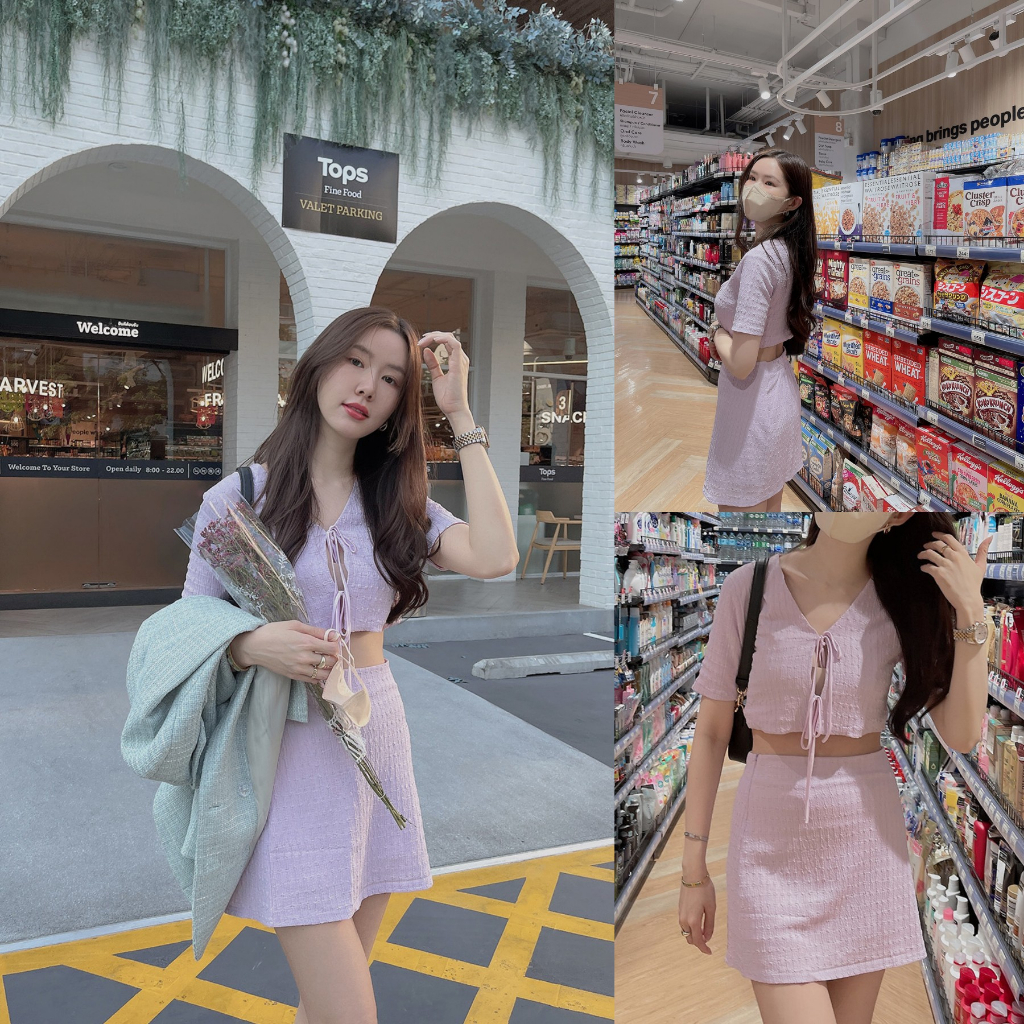 ม่วง/ชมพู/เขียวมะนาว SLYQ YOGHURT TIE FRONT TOP & SKIRT SET ชุดเซ็ทผ้าน้องนุ่มฟู เสื้อและกระโปรง