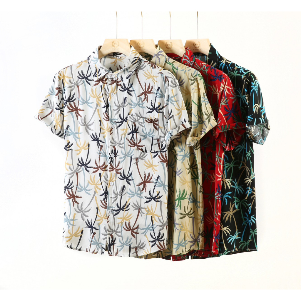 เสื้อเชิ้ตชายแขนสั้น คอปก กระดุม เสื้อแฟชั่น งานพิมพ์ลาย สีสันสดใส แนวฮาวาย สุดฮอต แฟชั่นหน้าร้อน