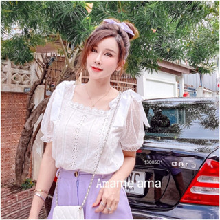 MM13085 เสื้อลูกไม้แขนซีทรูมุ้งผูกโบว์ไหล่ Lace blouse with see-through sleeves, net, shoulder bow