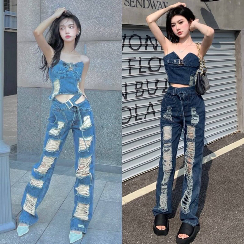 ชุดแยกชิ้น เสื้อเกาะอก+กางเกง เสื้อมีซิปหลังและผูกด้านหลัง กางเกงแต่งขาด สุดเซ็กซี่