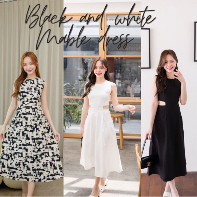 (s,m,l ขาวดำ พรี) (ไซส์อื่นพร้อมส่งค่ะ)  #KATI239ꕤ  ⸝ ⸝ ⸝ Black and white Mable dress◞✿