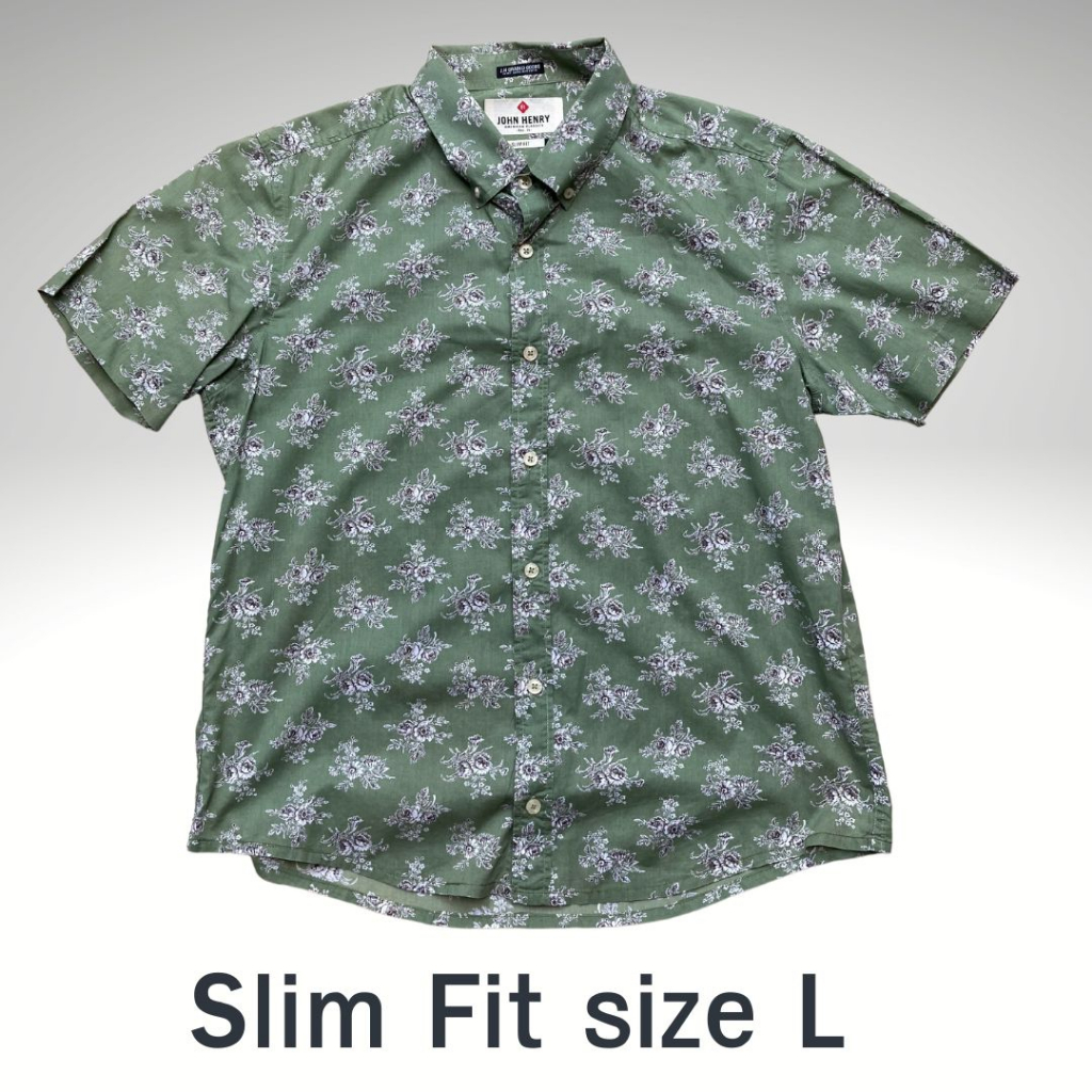 John Henry เสื้อเชิ๊ตมือสอง เสื้อเชิ๊ตผ้าคอตตอนเนื้อละเอียดนุ่มสีเขียวลายดอกกุหลาบ