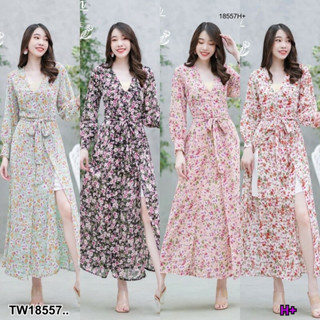 TT18557 เดรสคอวียาว งานผ้าชีฟองพริ้วๆ พิมพ์ลายดอกไม้ .Long dress, v-neck, chiffon fabric, fluttering Floral print..