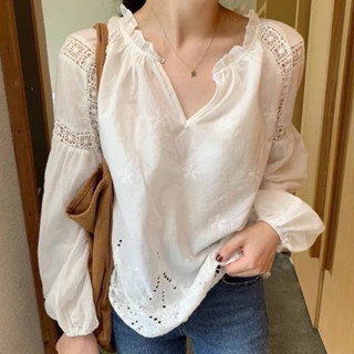 เสื้อเชิ๊ตเบลาส์ ผ้าฝ้าย สไตล์สาวเกาหลี เนื้อผ้าเบาสบาย ปักลูกไม้ คอยืด มีกระดุมคอหน้า