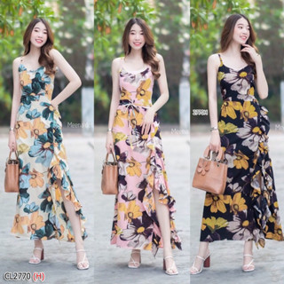 💜Maxi Dress เดรสยาว สายเดี่ยวไขว้สายด้านหลัง แต่งผ้าระบายและผ่าด้านข้าง